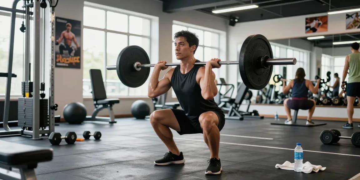 Prime Pharma Steroids training in een moderne sportschool met een atletisch persoon die squats doet.