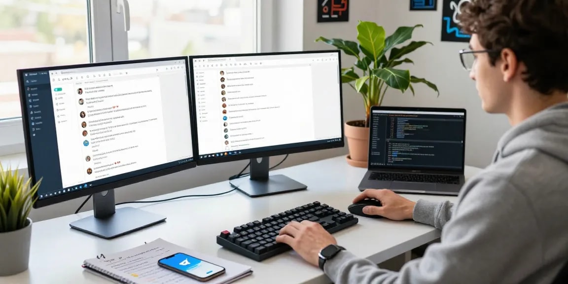 Download Telegram interface displayed on multiple monitors in a modern tech workspace, showcasing chats and groups in a productive atmosphere.
