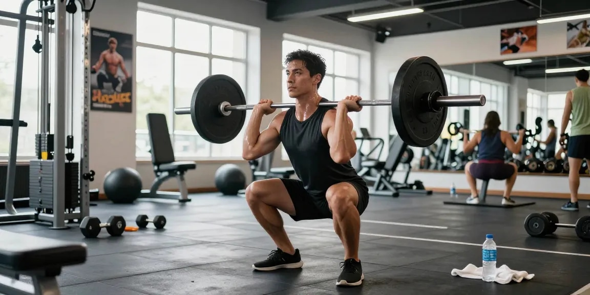 Prime Pharma Steroids training in een moderne sportschool met een atletisch persoon die squats doet.