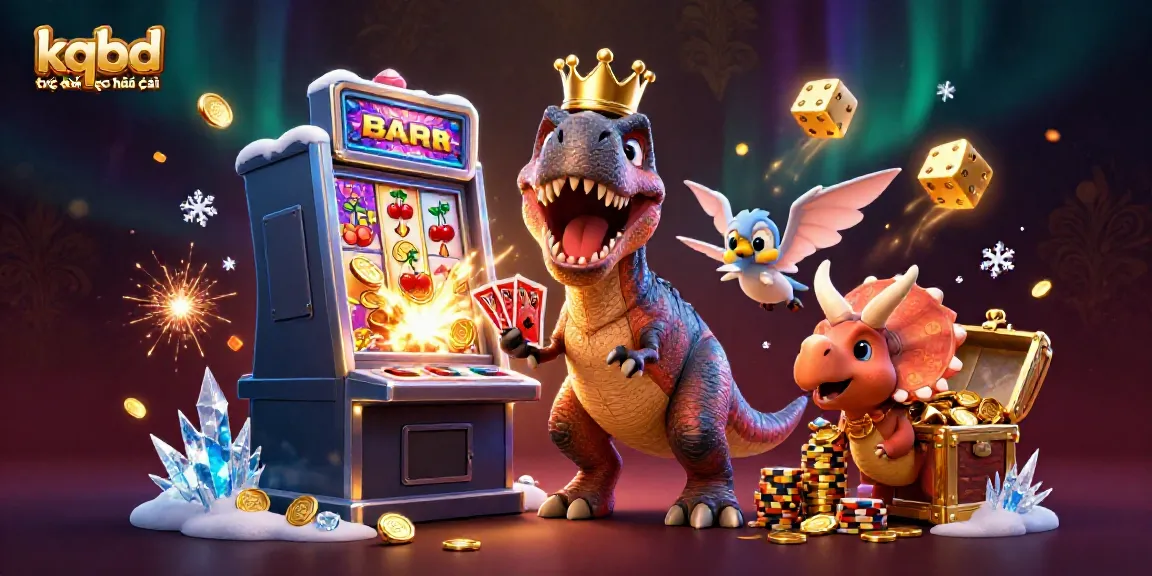 Experience kqbd trực tiếp kèo nhà cái with a vibrant, action-packed 3D casino scene featuring cartoon dinosaurs.
