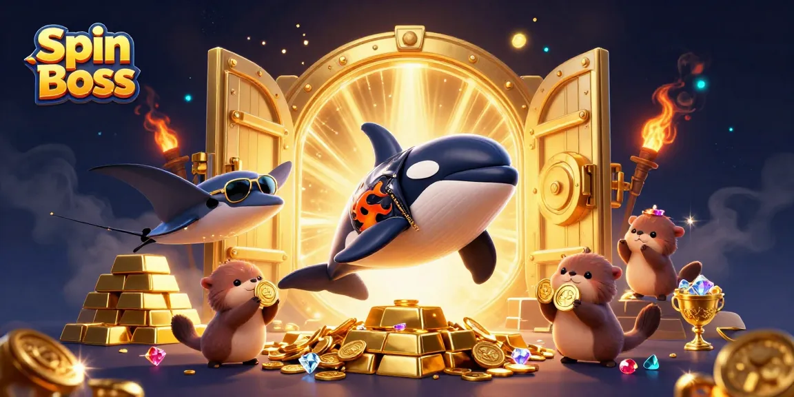 Spin Boss features an exciting illustration with an orca, stingray, and otters celebrating with treasure.