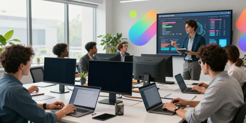 Team collaborating in a marketing agency using an AI visibility tool for agencies.