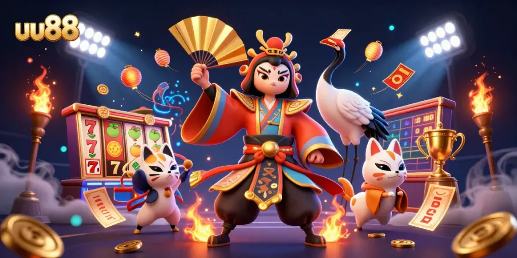 Experience the excitement of uu88 casino gaming with vibrant illustrations of kabuki warriors, slots, and golden symbols.