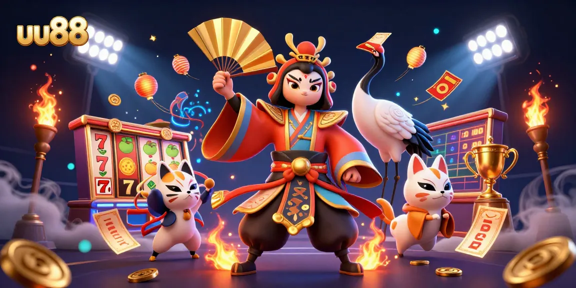 Experience the excitement of uu88 casino gaming with vibrant illustrations of kabuki warriors, slots, and golden symbols.