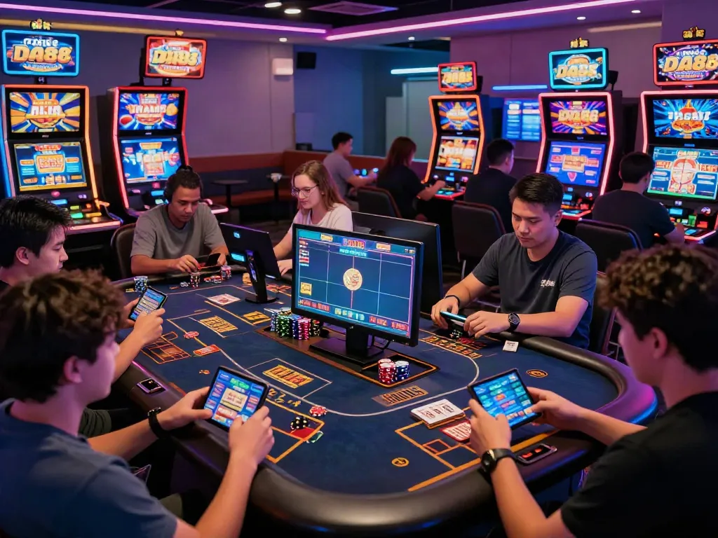 Diverse players enjoying interactive gaming experience at DA88 online casino with vibrant visuals and lively atmosphere.