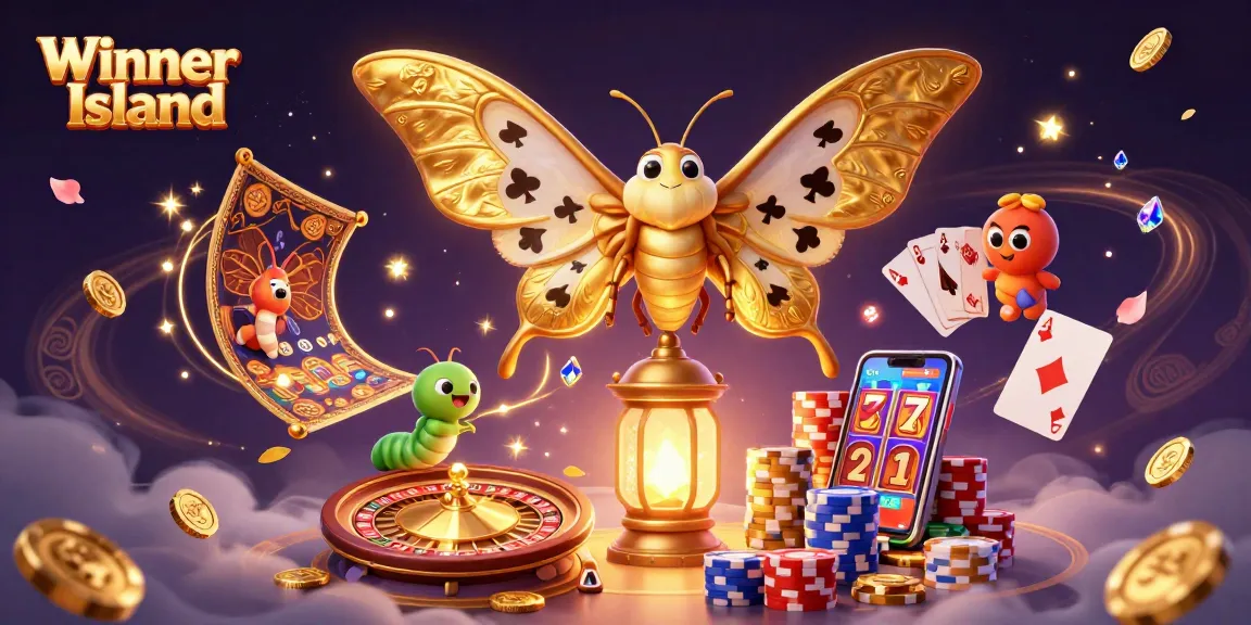 Win at Winner Island with an ultra-detailed 3D casino scene featuring vibrant characters and dynamic game elements.