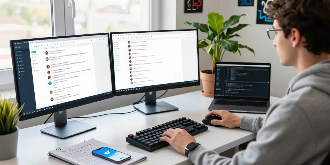 Download Telegram interface displayed on multiple monitors in a modern tech workspace, showcasing chats and groups in a productive atmosphere.