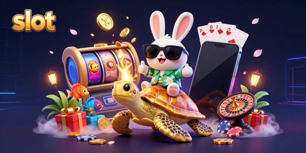 Experience the thrill of slot gaming with a lucky rabbit and giant turtle amidst colorful casino elements.