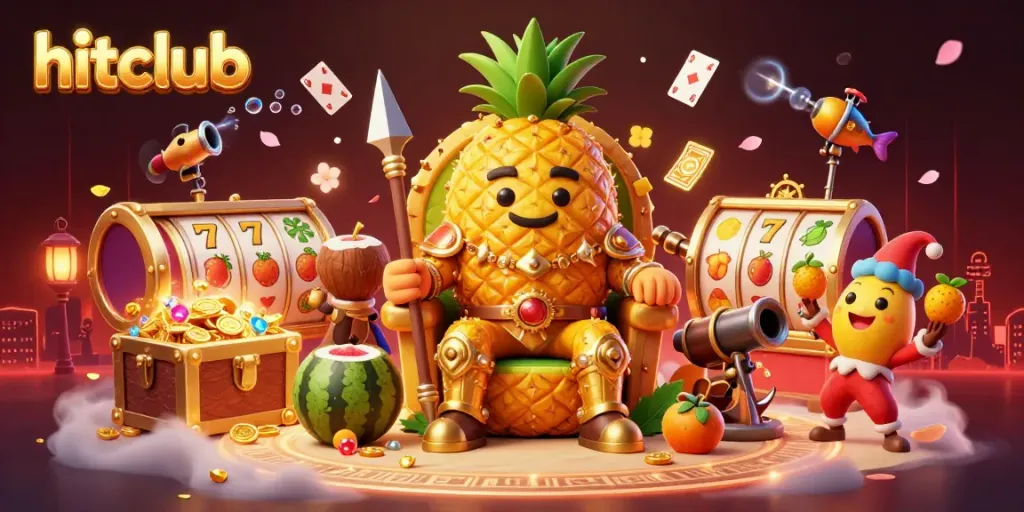 Engage with hitclub's vibrant casino experience featuring a golden pineapple king and slot game elements.