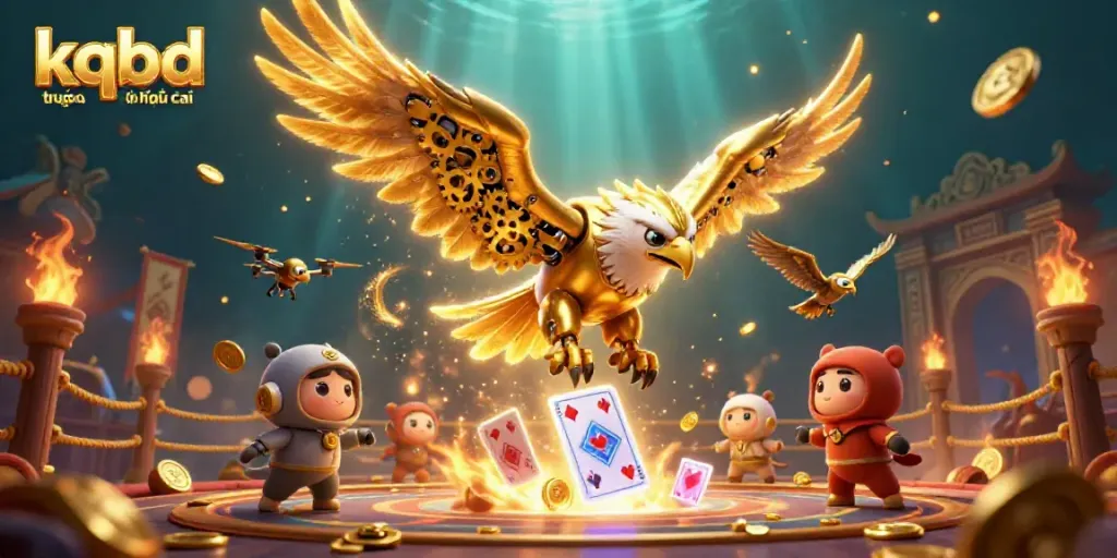 KQBD trực tiếp kèo nhà cái showcases a cybernetic eagle soaring through a dynamic betting arena with holographic playing cards.