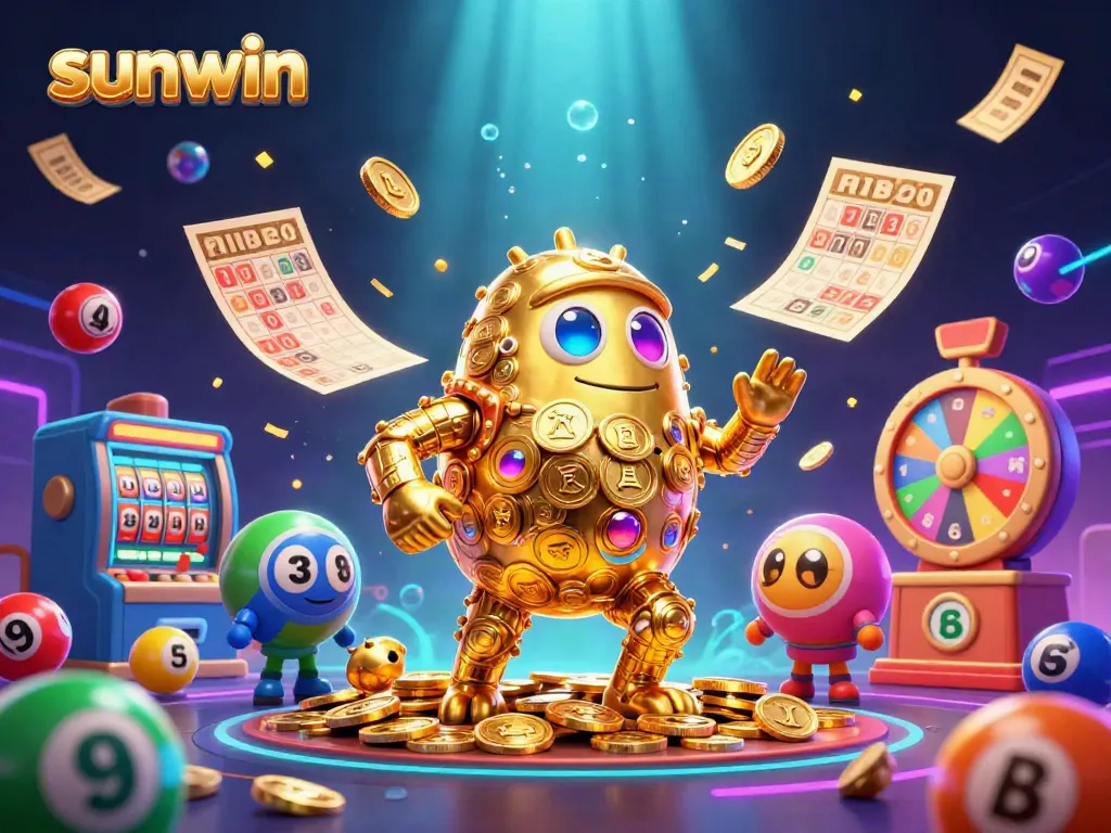 Experience sunwin excitement with a golden golem and dynamic casino elements in this vibrant illustration.
