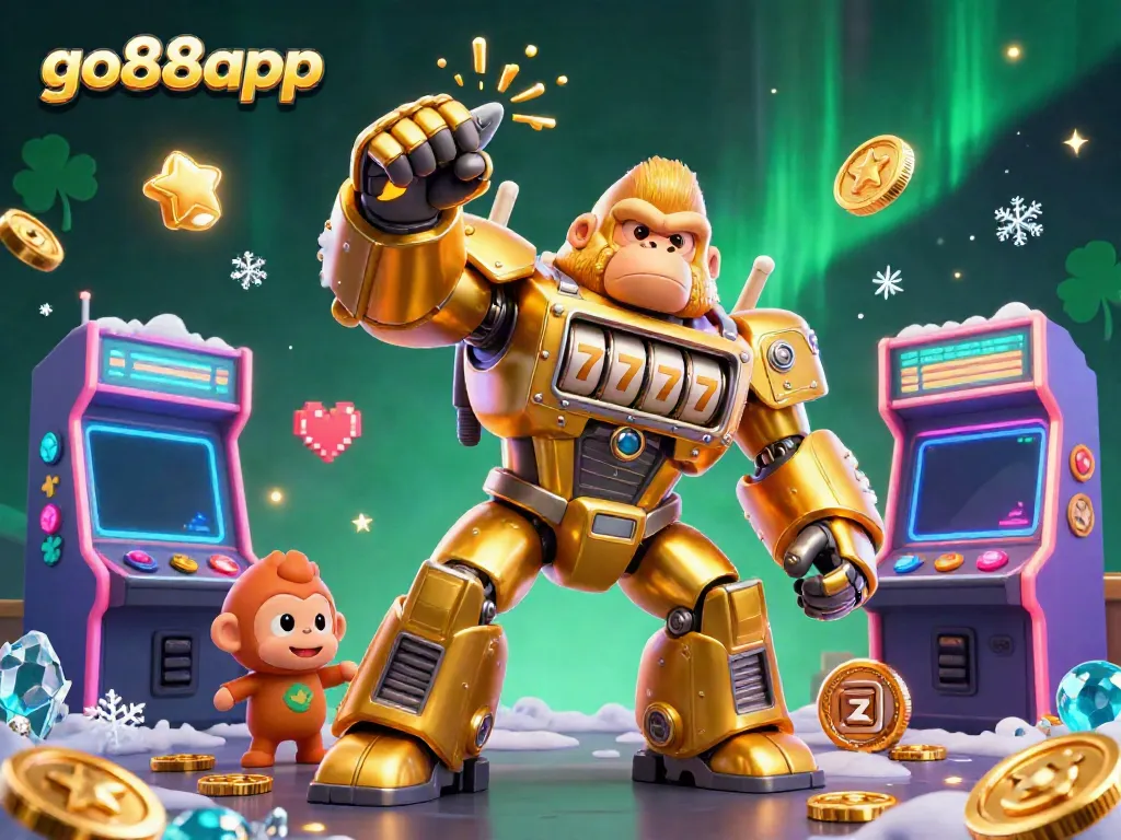 Experience excitement at go88app with a dynamic illustration of a golden gorilla mech amidst casino games and neon elements.