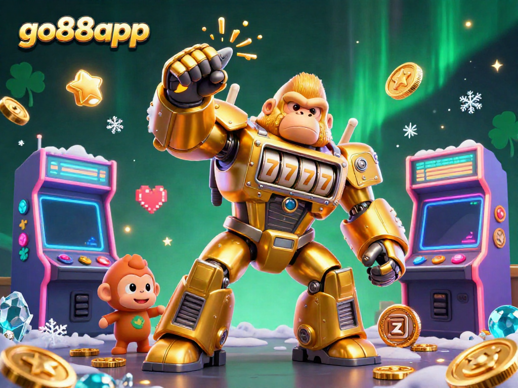 Experience excitement at go88app with a dynamic illustration of a golden gorilla mech amidst casino games and neon elements.