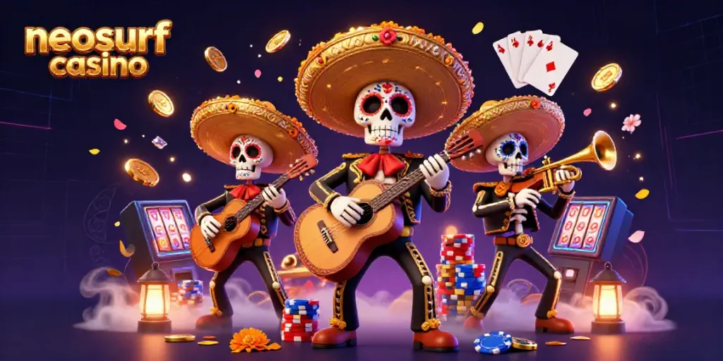 Experience the thrill of neosurf casino with a vibrant mariachi band amidst gold coins and roulette.