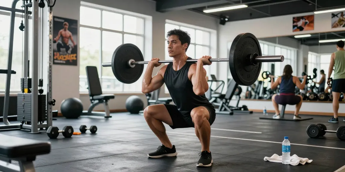 Prime Pharma Steroids training in een moderne sportschool met een atletisch persoon die squats doet.