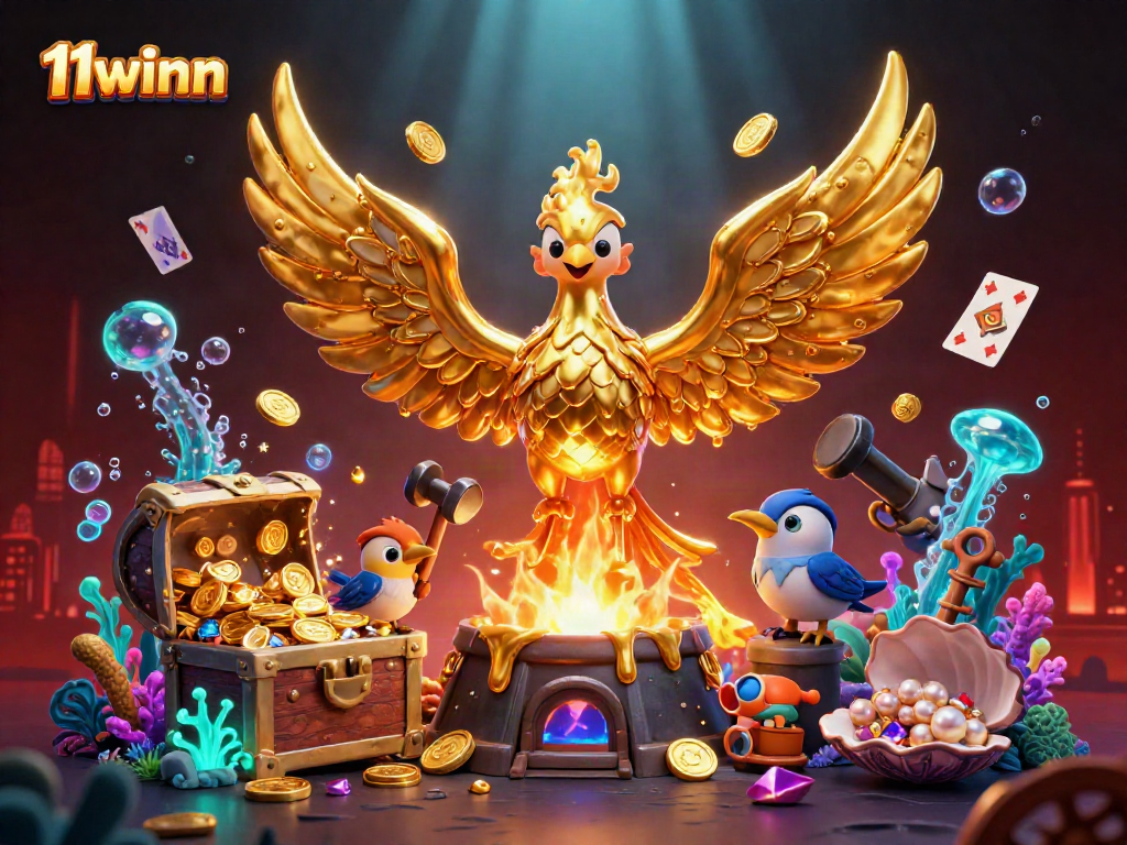 Experience the excitement of 11winn with a stunning phoenix and golden treasures in a vibrant casino scene.