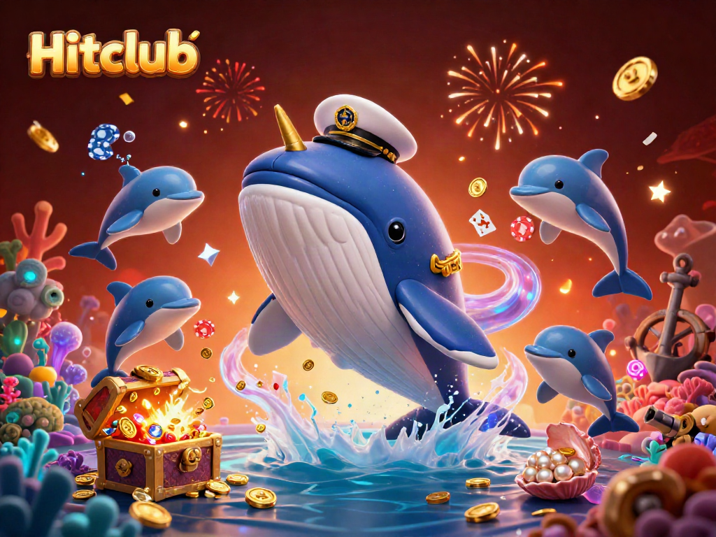 Hitclub showcases excitement with a cartoon whale breaching in a sea of coins alongside playful dolphins and a magical underwater world.