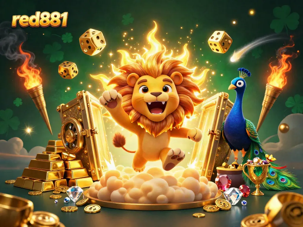 Experience the thrilling excitement of red881 with a lion roaring amidst dazzling casino elements.