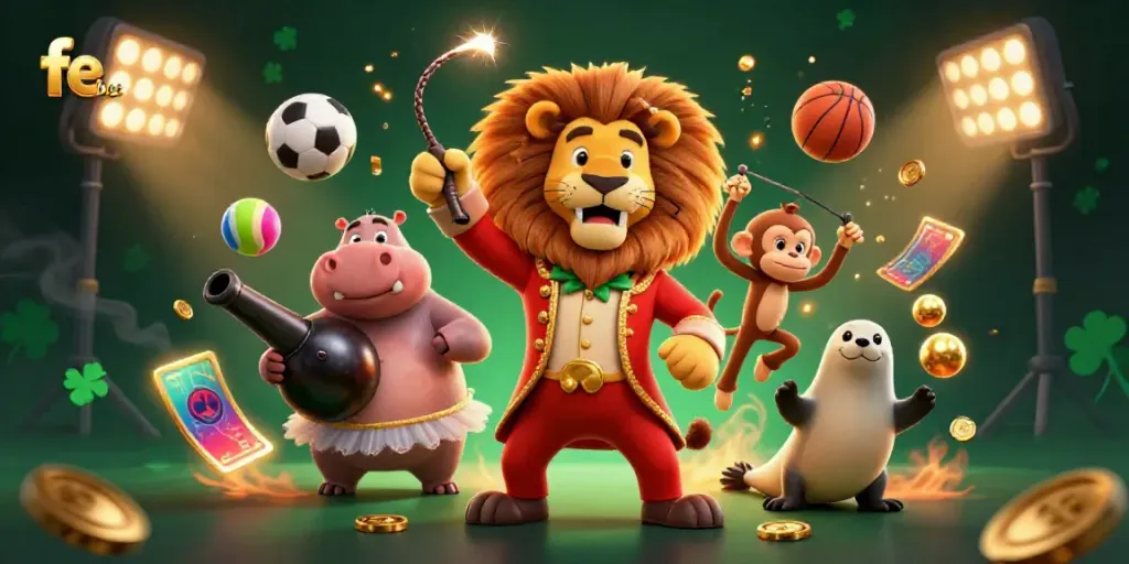 Experience excitement at fe bet with a vibrant 3D circus scene buzzing with sports action.