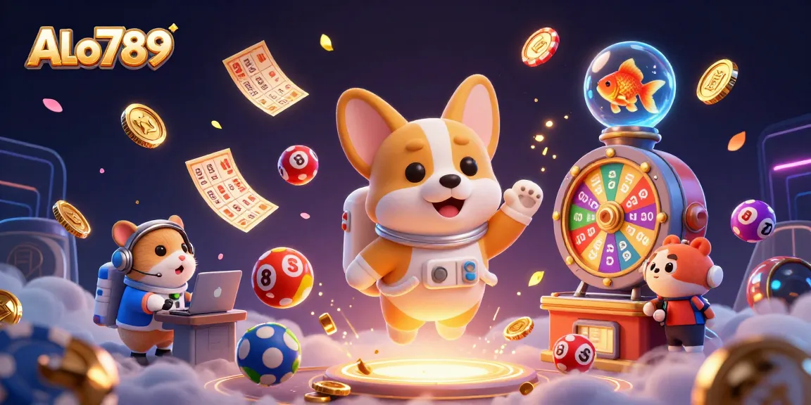 Engage with the vibrant ALo789 gaming universe featuring floating casino elements amidst playful characters.