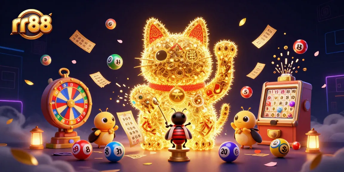 Engage with rr88's thrilling gaming atmosphere featuring a lucky cat and dynamic lottery elements.