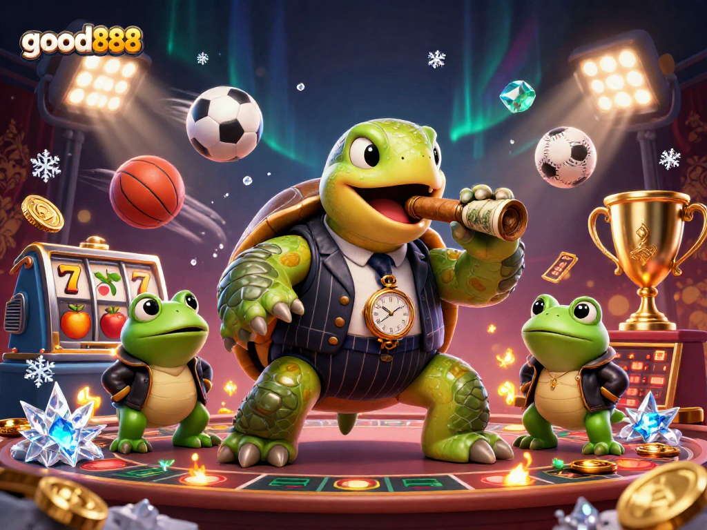 Engage with good888's dynamic casino experience featuring a turtle in mobster attire and frosty symbols.