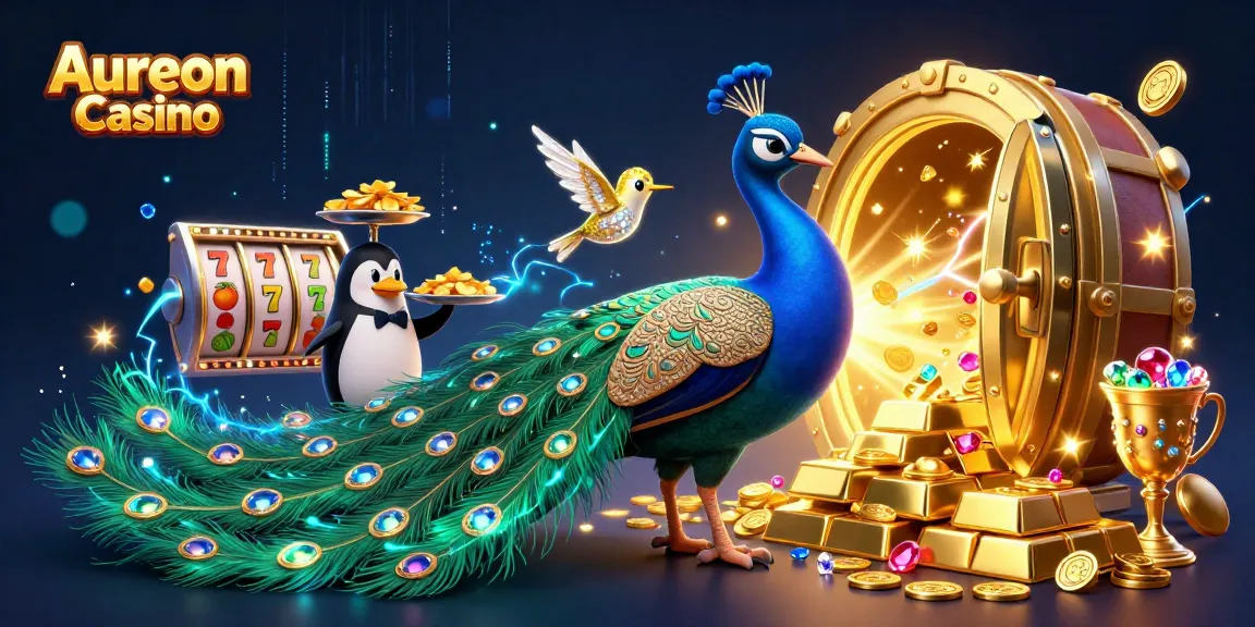 Aureon Casino showcases exciting slot games with a glamorous 3D casino illustration featuring peacock, penguin, and hummingbird.