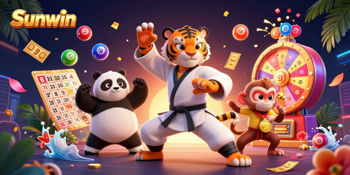 Experience the thrill of Sunwin with a cartoon kung fu tiger, panda, and monkey amidst colorful lottery elements.