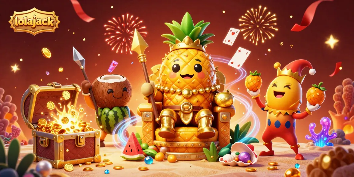 Experience thrilling games at lolajack casino with a golden pineapple king and vibrant beach scene.